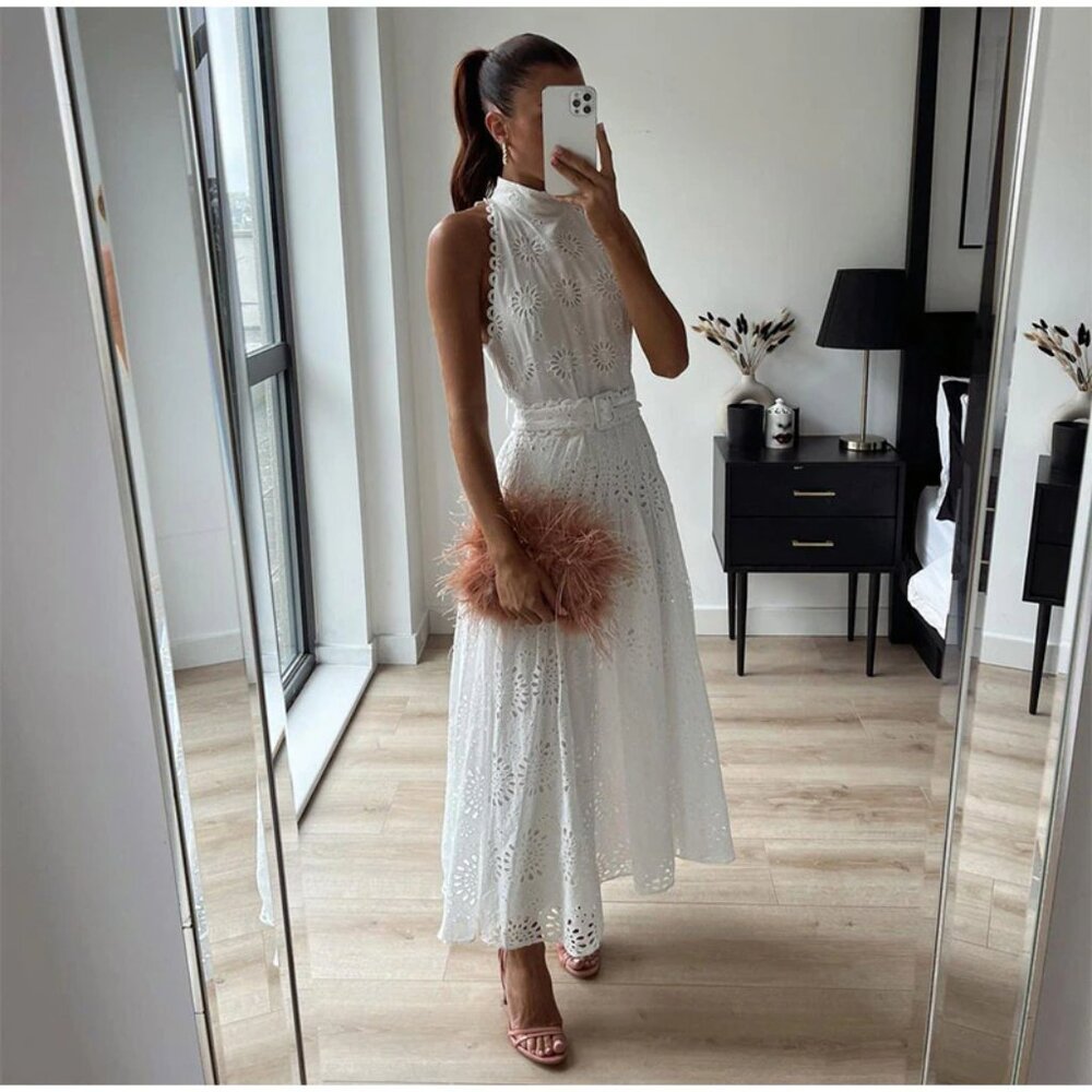 Women White Eyelet Lace Cotton Sleeveless Mock Neck Belted A Line Midi Dress, S